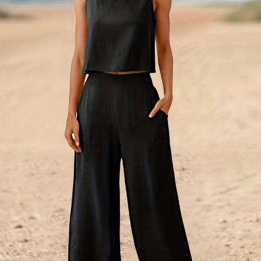 Casual Crop Tank Top & Wide Leg Pants 2-Piece Set