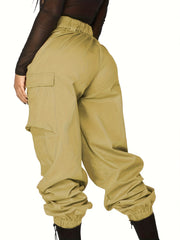 Women's Plus Solid Button Up Elastic High Rise Cargo Trousers