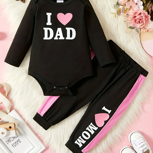Baby Girl Love Dad Love Mom Letter Print Romper Top Pants 2pcs Set