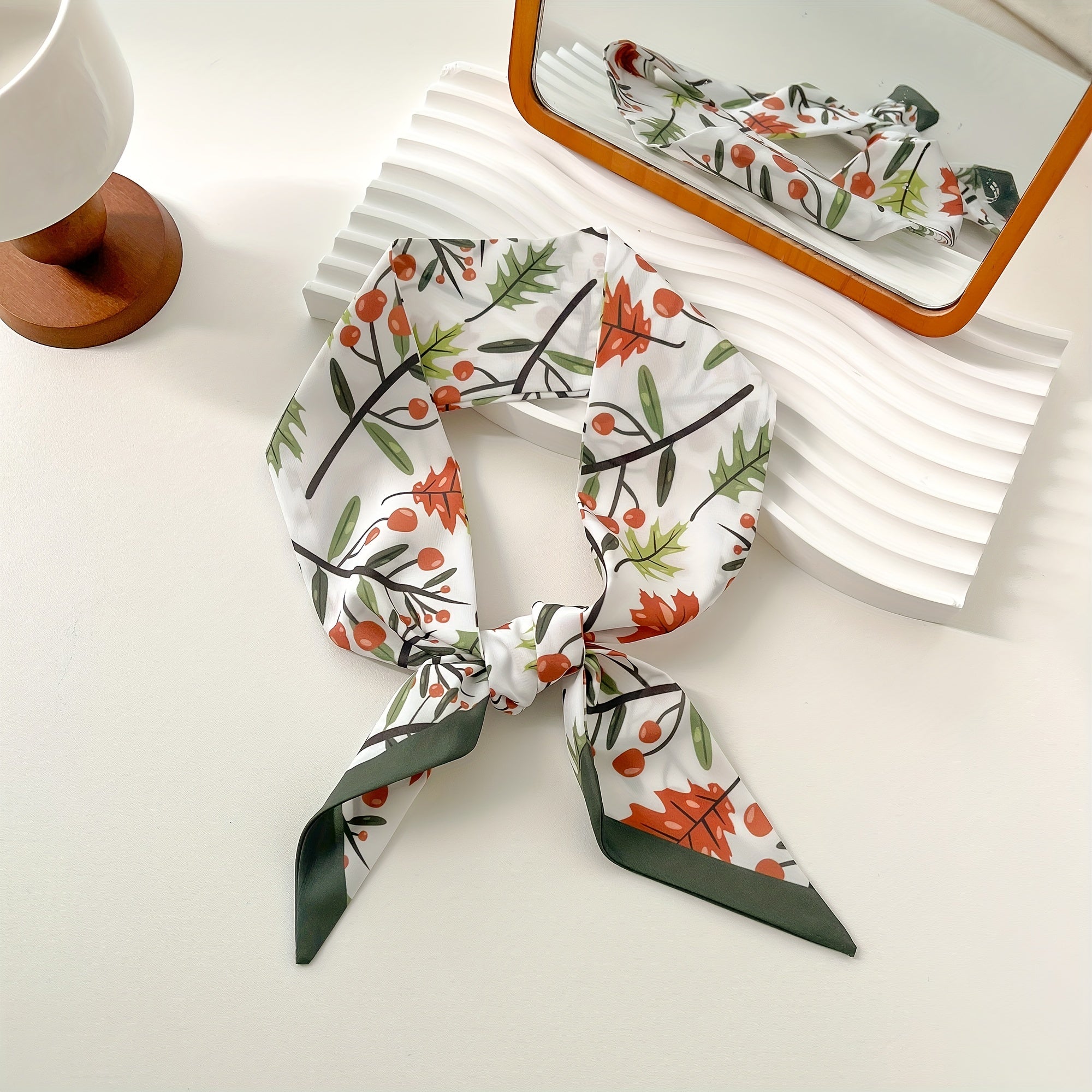 Green Fruit Tree Print Skinny Scarf Silky Ribbon Long Neckerchief