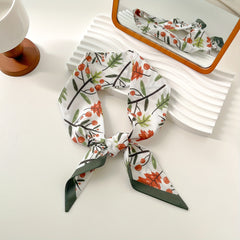 Green Fruit Tree Print Skinny Scarf Silky Ribbon Long Neckerchief