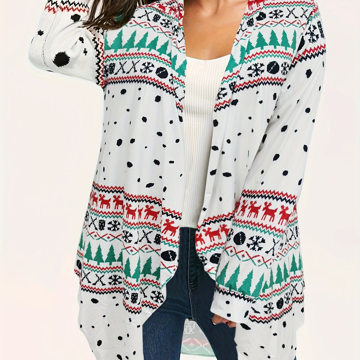  Christmas Casual Cardigan Women's Plus Reindeer & Geo Striped Long Sle