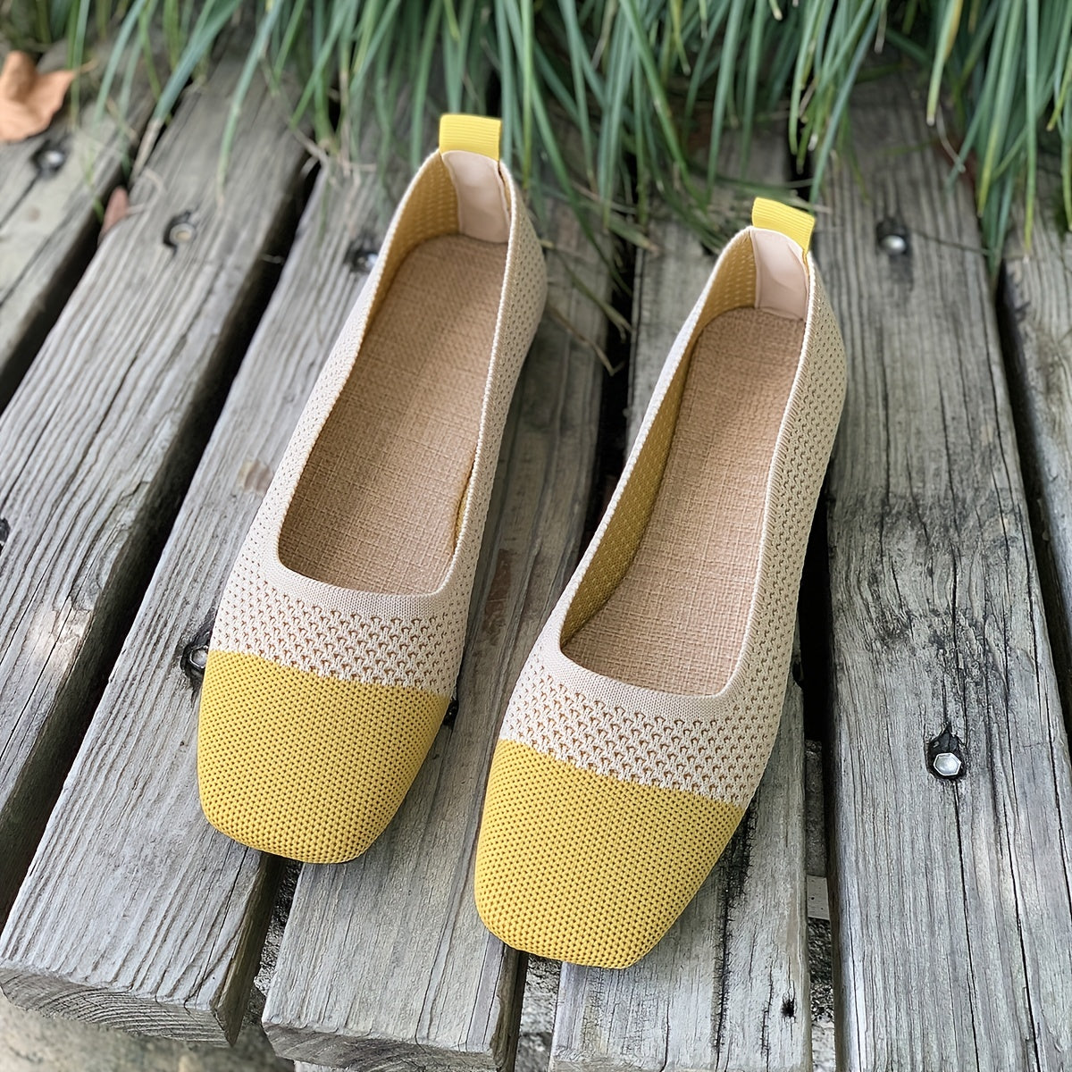 Women's Contrast Flat Shoes Knit Square Toe Lightweight Slip On Shoes