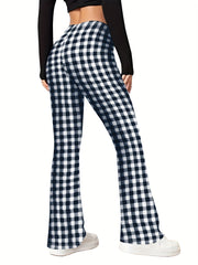 Women's Plus Plaid Elastic High Rise Flared Leg Trousers