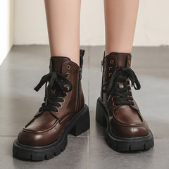 Chunky Heeled Combat Boots Lace Up & Side Zipper Women's Ankle Boot