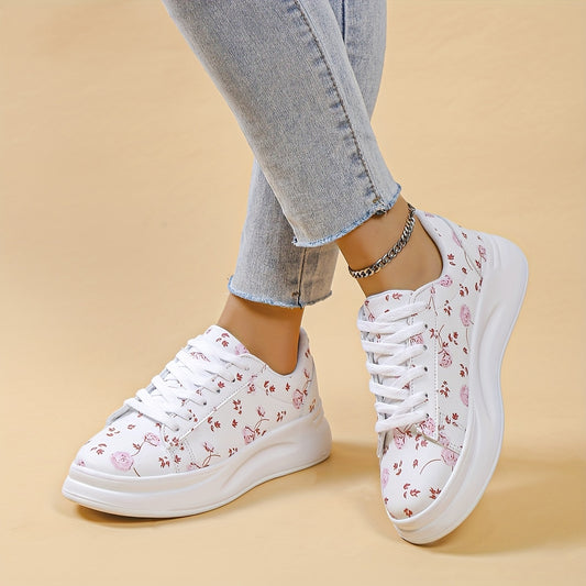 Women's Floral Print Flat Shoes Lace Up Low Top Sneakers