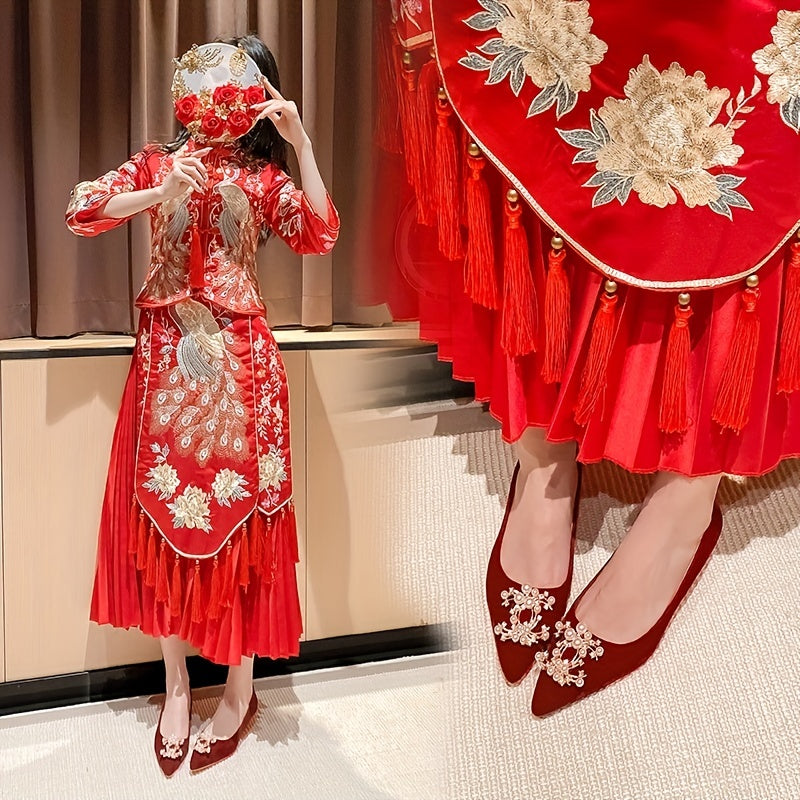 Red Faux Pearl Low Heel Wedding Dress Shoes