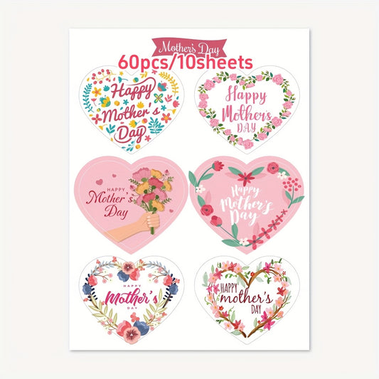 60pcs Heart Shaped Mother'S Stickers with Floral Designs and Messages