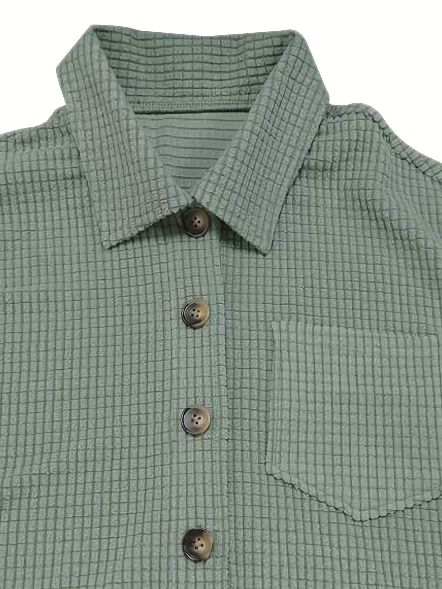  Solid Waffle Pattern Button Up Long Sleeve Shacket