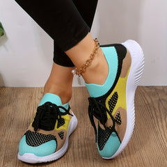 Women's Knit Sneakers Lace Up Running Shoes Breathable Non-slip Colorblock Shoes
