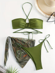 Lace Up Bikini Set & Print Cover Up Wrap