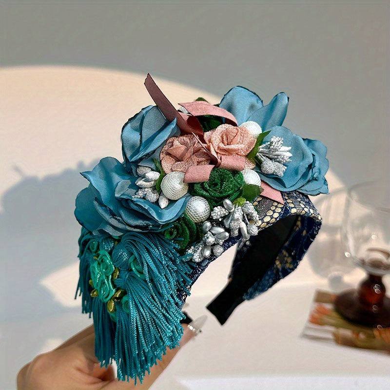 Boho Flower Headband With Tassel Wide Brim Headdress