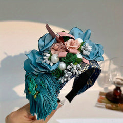Boho Flower Headband With Tassel Wide Brim Headdress
