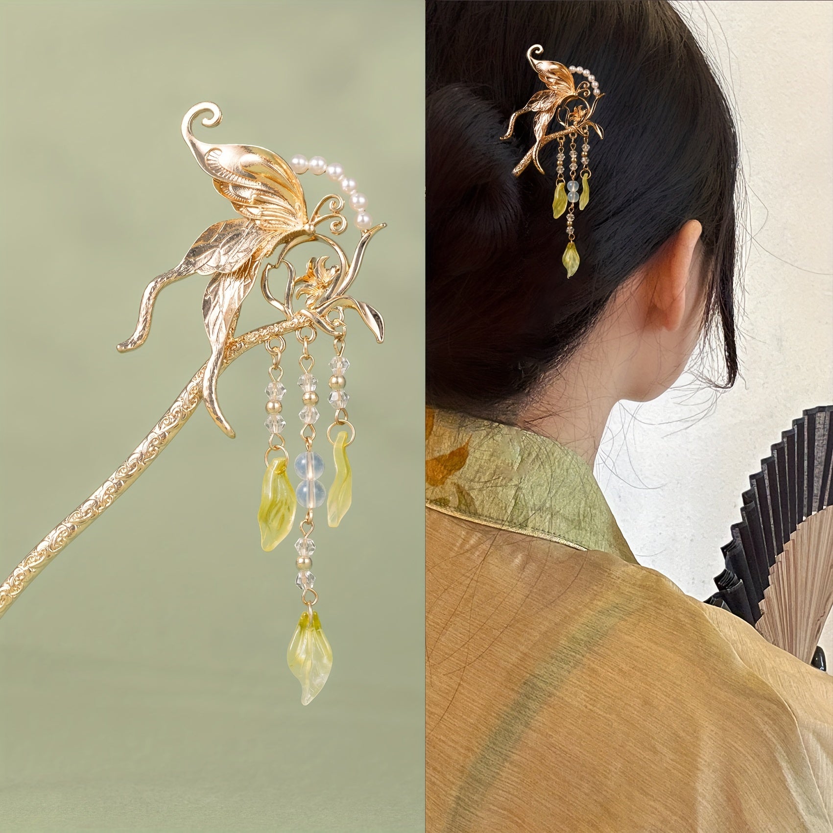 Alloy Butterfly Hairpin Pendant Hair Stick Faux Pearl Head Jewelry