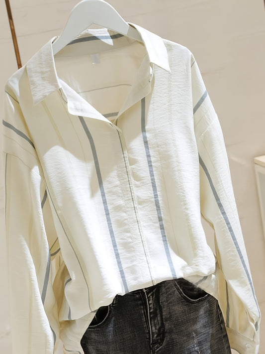 Striped Lapel Long Sleeve Shirt Casual Loose Top