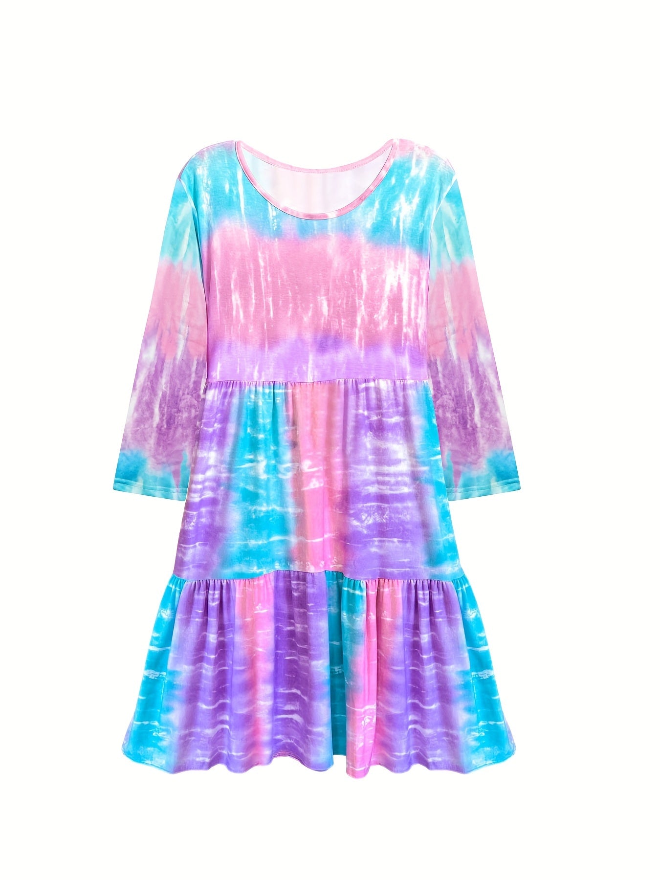 Women's Plus Tie Dye Long Sleeve Round Neck Ruffle Trim Smock Dress