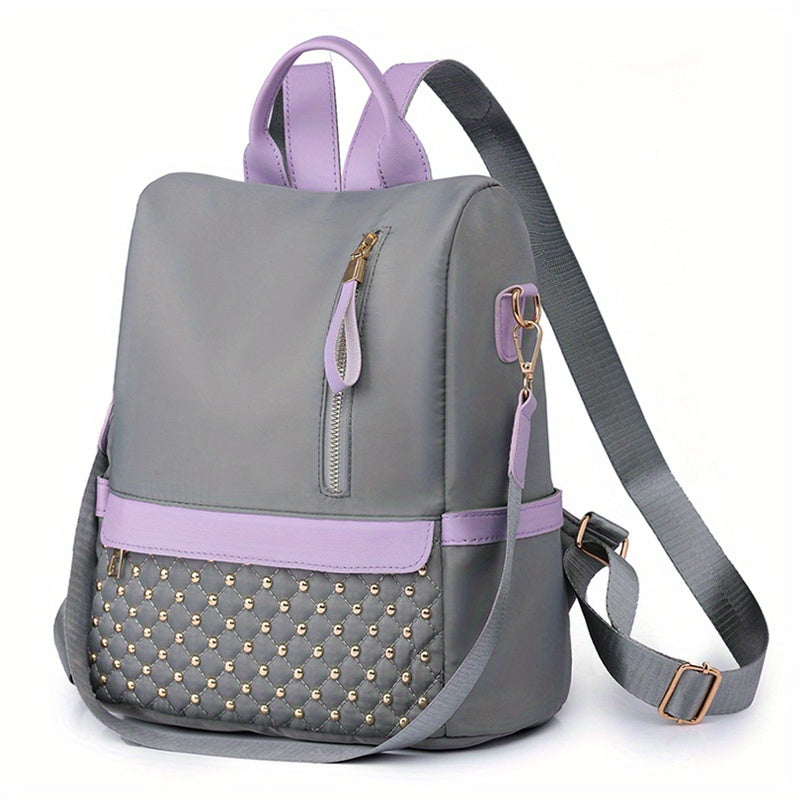 Oxford Cloth Backpack Purse Studded Decor Convertible Shoulder Bag