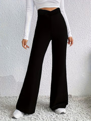  Wide Leg Trousers Solid V Waist High Rise Non Stretch