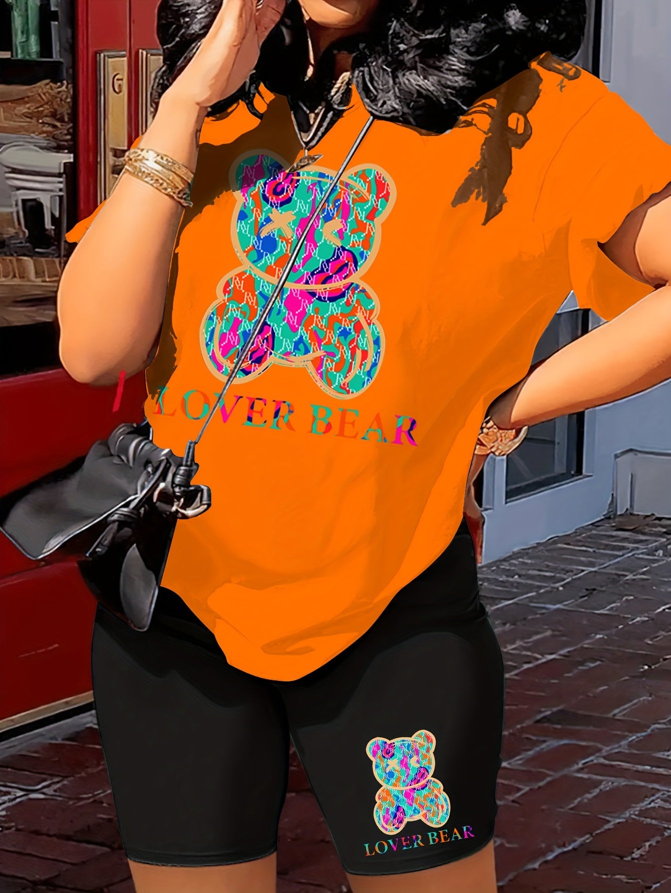 Lover Bear Print Two Piece Outfit Short Sleeve Crew Neck T Shirt & Shorts