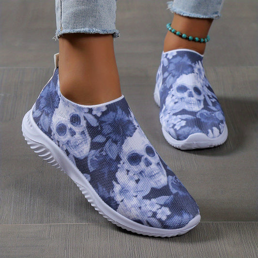 Women's Calavera Print Slip On Sneakers Low Round Toe Lightweight Shoes