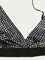  Metallic Grid V Neck Bra & Glitter Panty Set