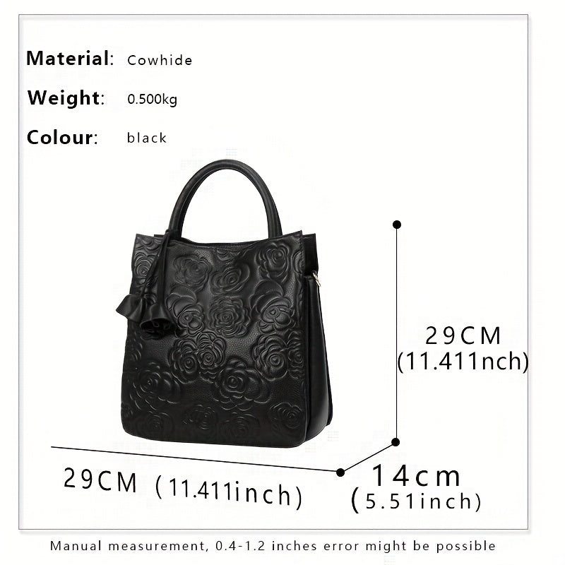 Flower Embossed Leather Tote Bag Top Handle Purse