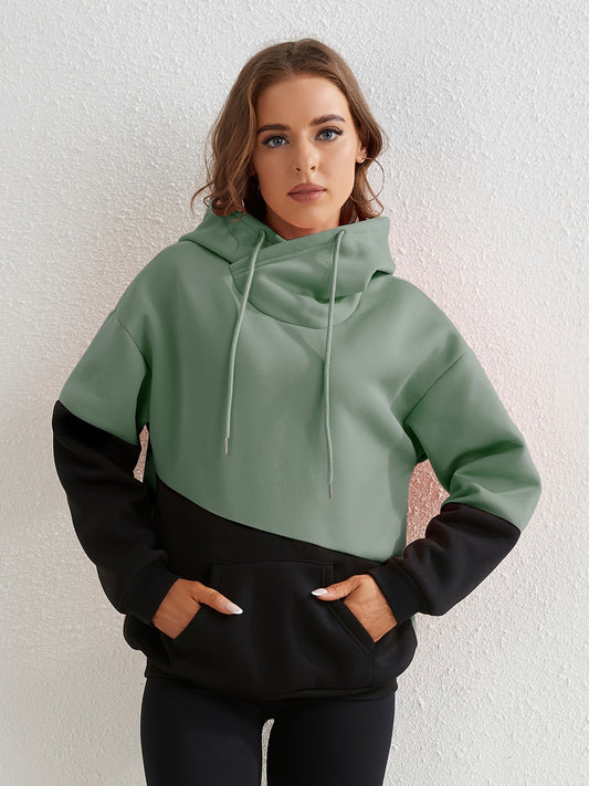 Block Kangaroo Pockets Hoodie for Women