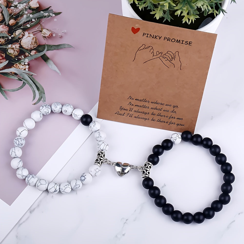 Crackle Beaded Bracelet Set Magnetic Heart Pendant Matte Beaded Couples Bracelet