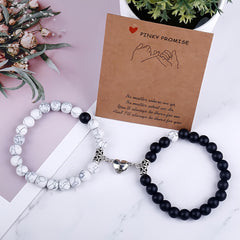 Crackle Beaded Bracelet Set Magnetic Heart Pendant Matte Beaded Couples Bracelet