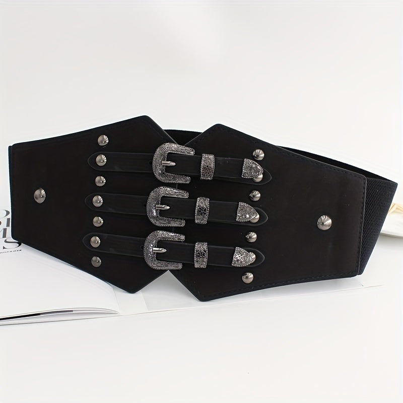 Wide Punk Elastic Waistband Rivet Belt