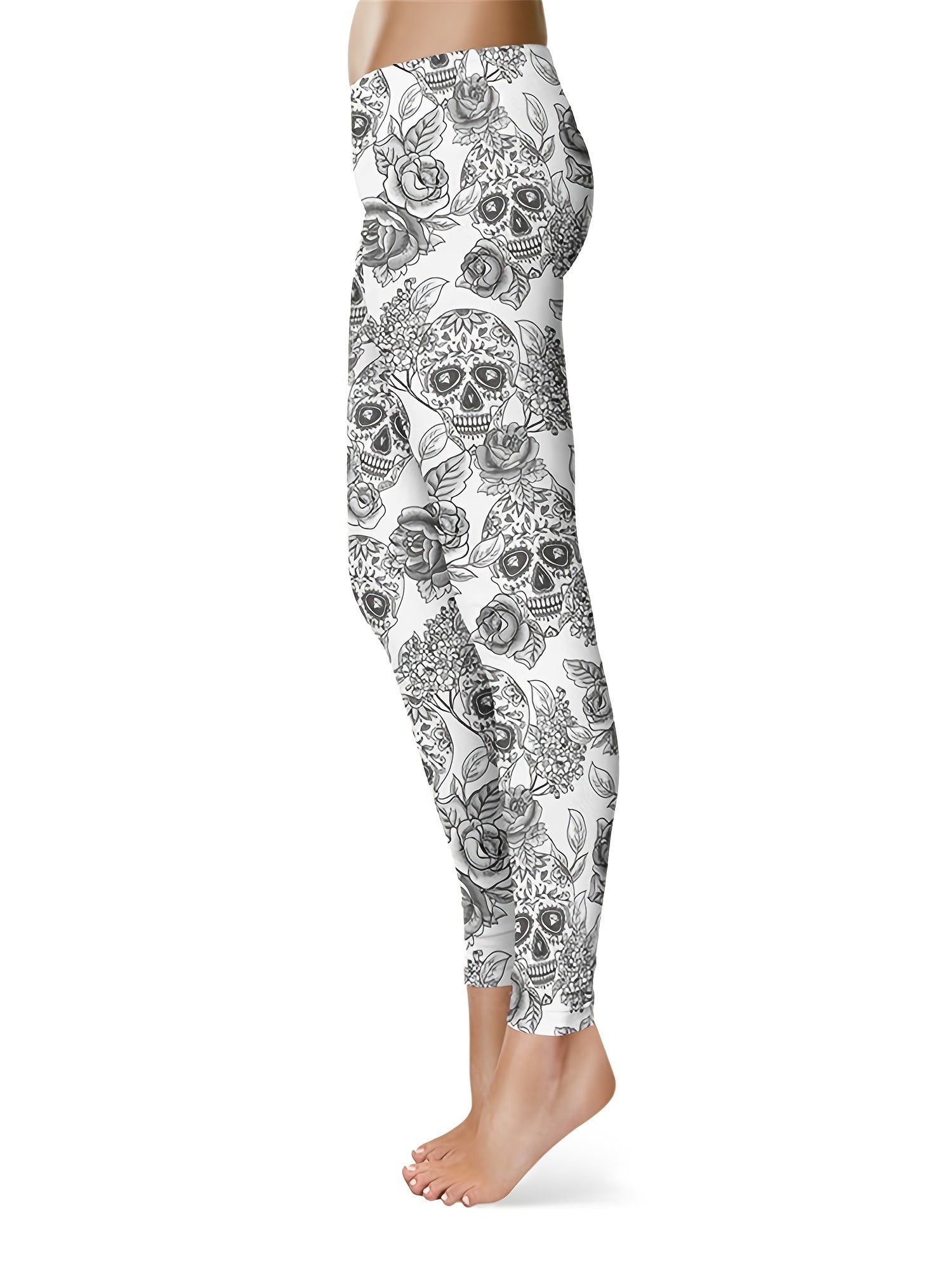 Skull & Floral Print Skinny Leggings Casual Stretchy Leggings