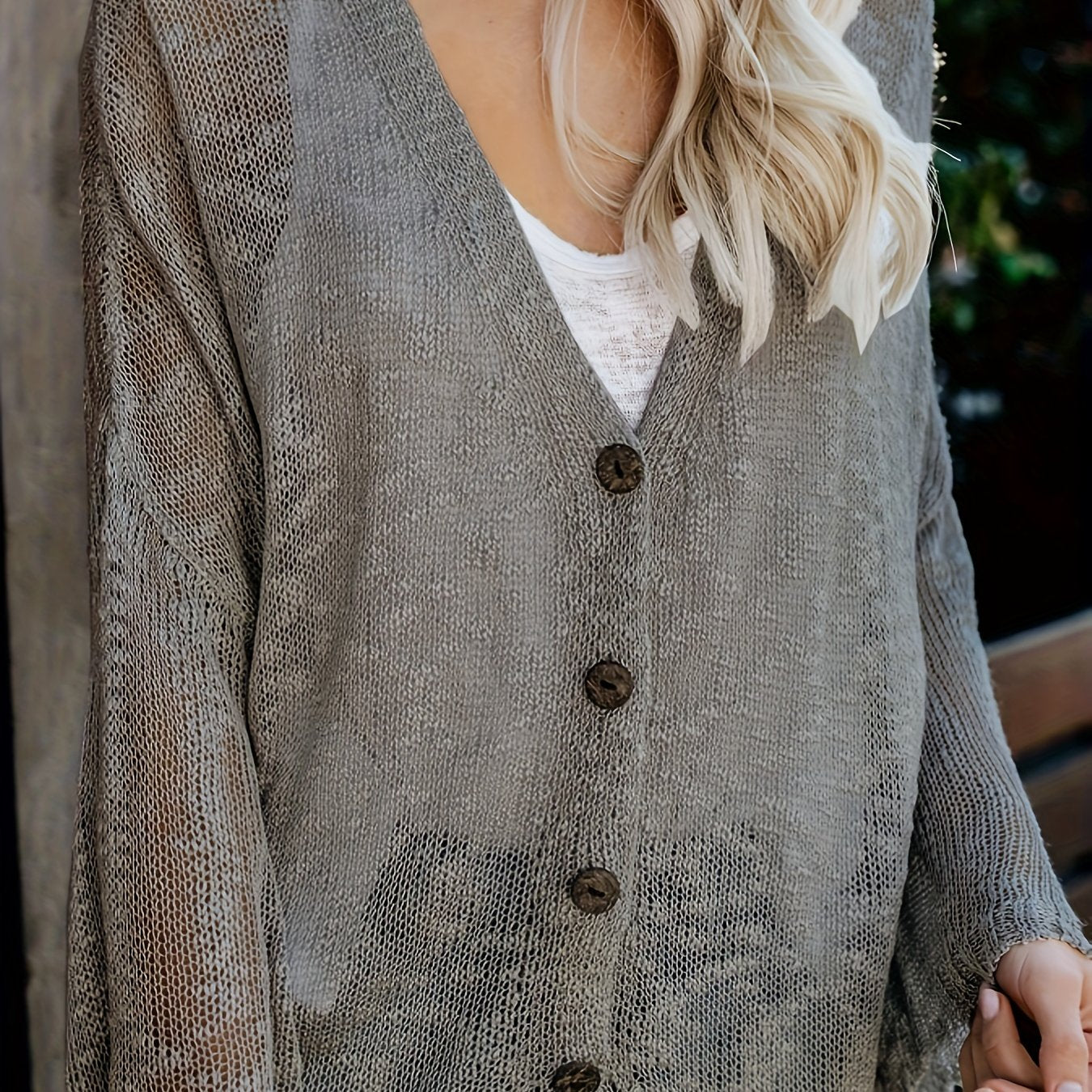  Solid Long Sleeve Button Up V Neck High Stretch Cardigan