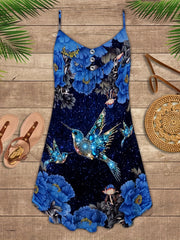  Casual Summer Dress Women's Plus Rhinestone Bird & Floral Print