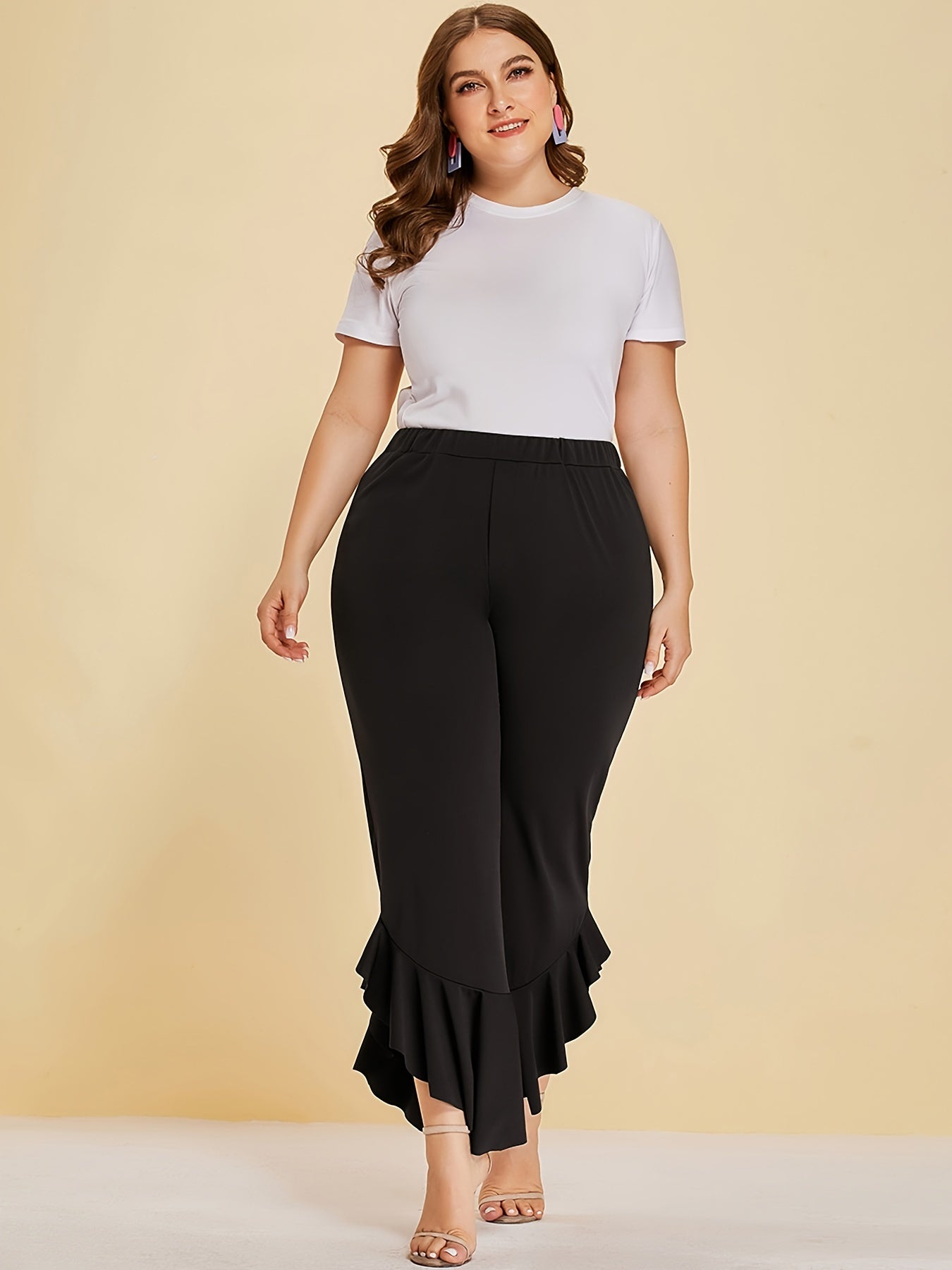  Ruffle Trim Split Pants Women's Plus Stretch Pants