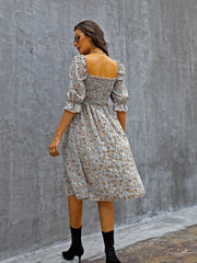 Floral Print Puff Sleeve Shirred Dress Square Neck - Resort Wear