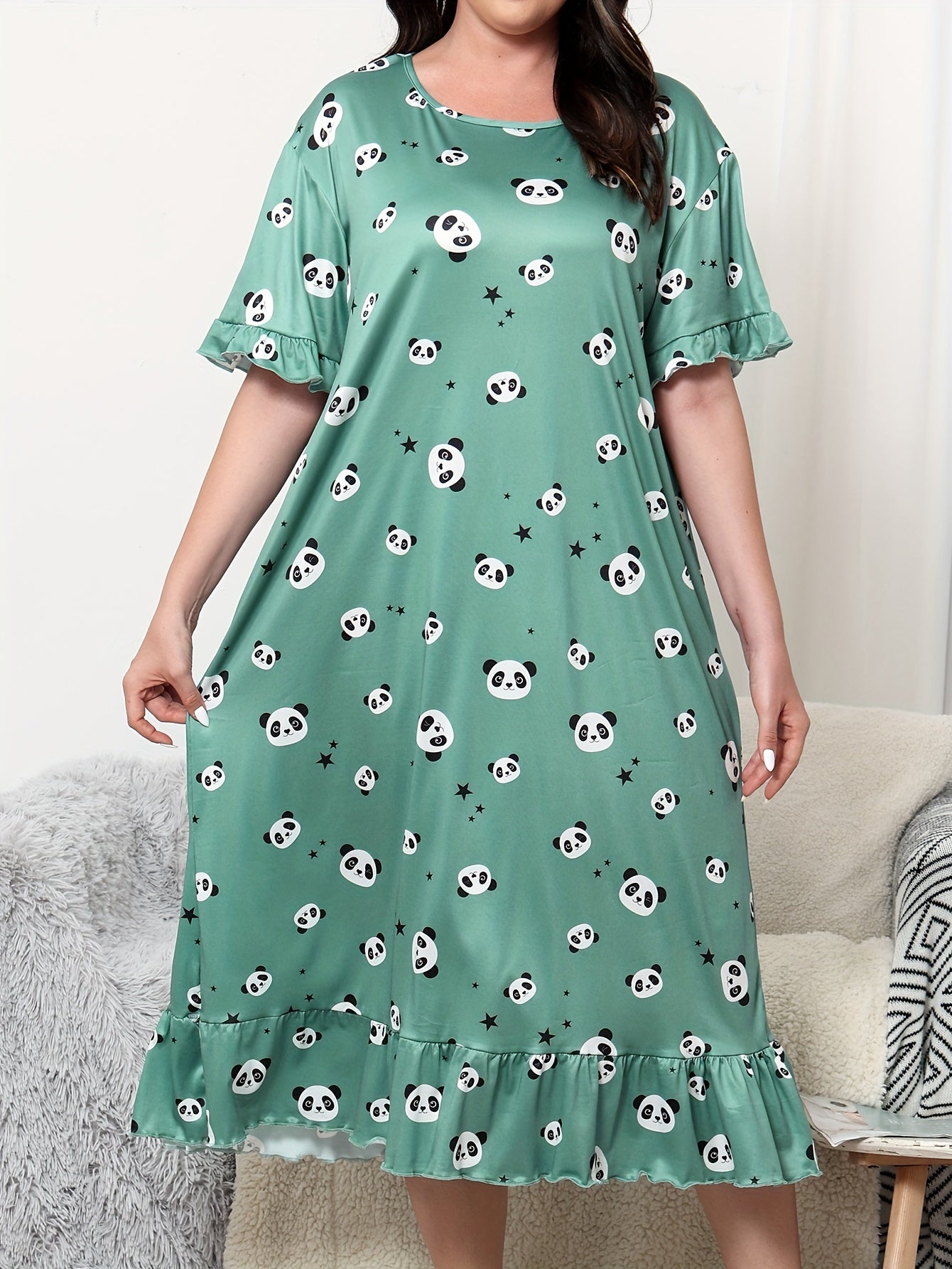  Panda & Star Print Ruffle Trim Sleep Dress