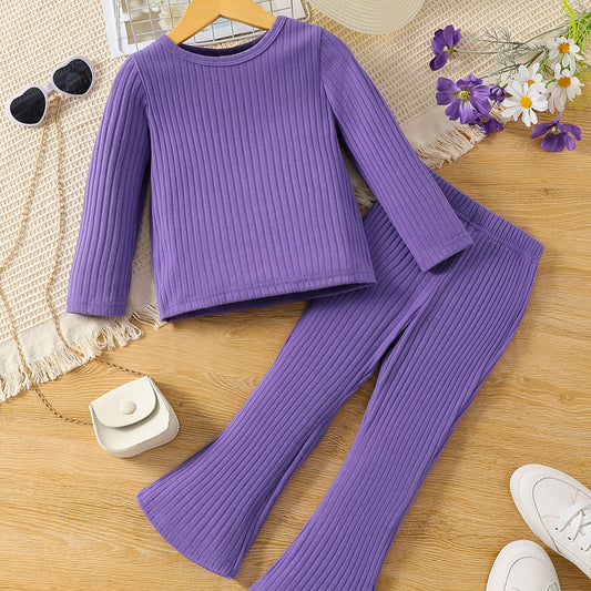 Girl's Ribbed Long Sleeve Top & Flared Pants Set for Spring Fall