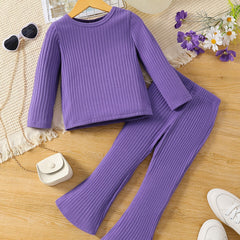 Girl's Ribbed Long Sleeve Top & Flared Pants Set for Spring Fall
