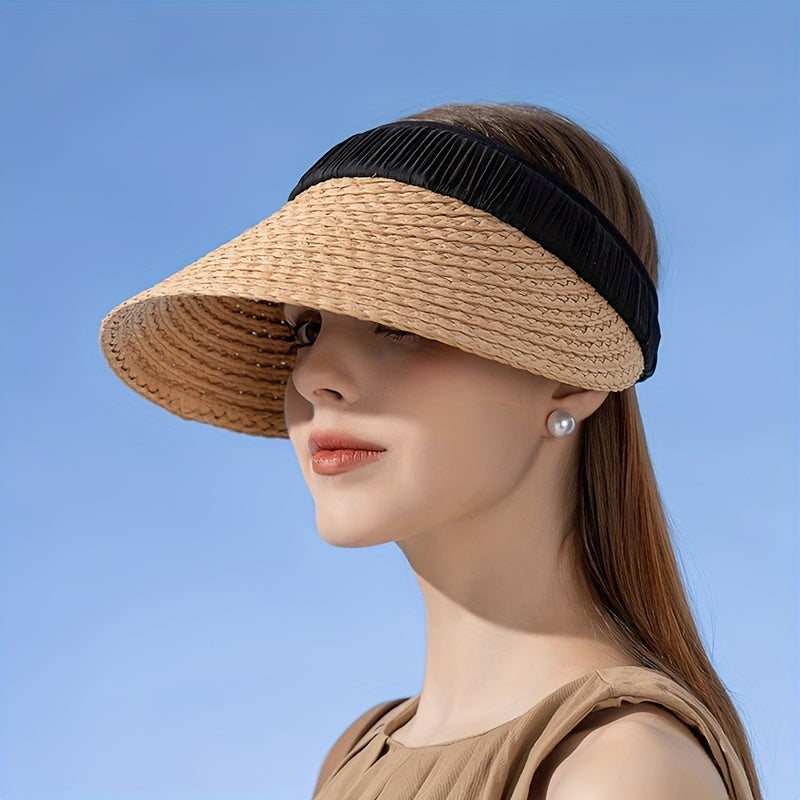 Straw Visor Hat Casual Ponytail Sun Hat UV Protection Foldable