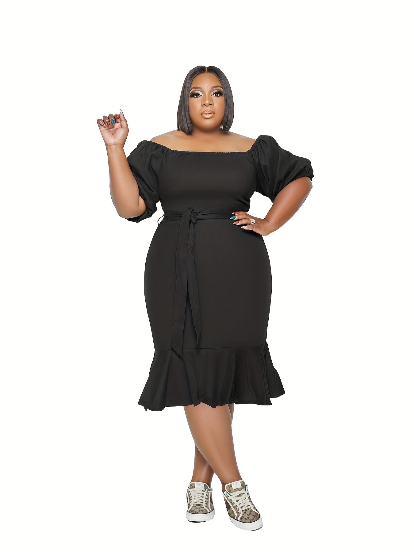  Solid Off Shoulder Bubble Sleeve Dress