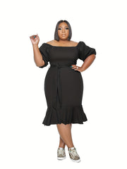  Solid Off Shoulder Bubble Sleeve Dress