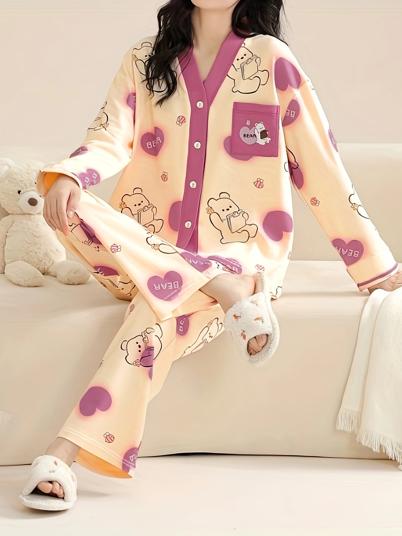 Bear Print Pajama Set Long Sleeve Top & Pants