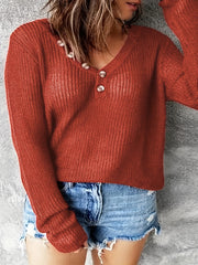  Solid V Neck Button Sweater