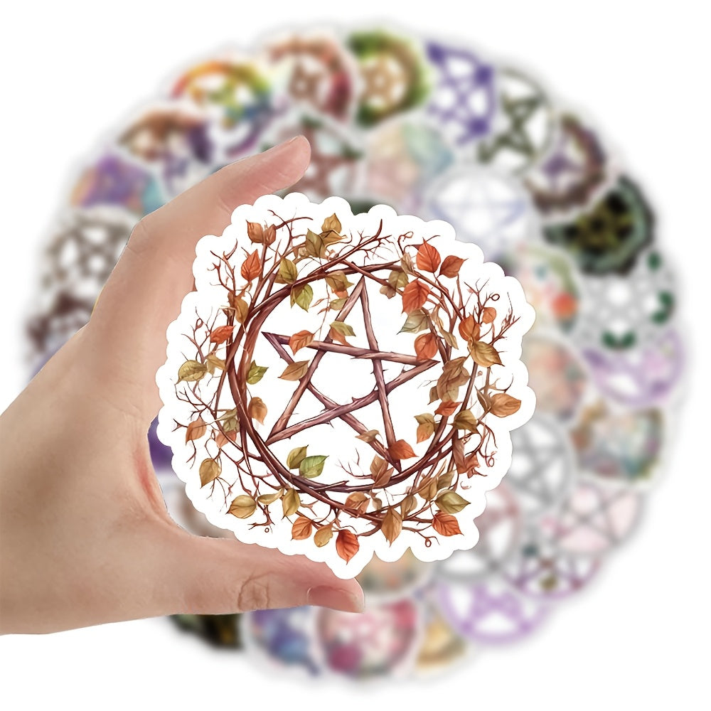 52 Vinyl Pentagram Stickers: Mystical & Floral Designs - Reusable Self Adhesive