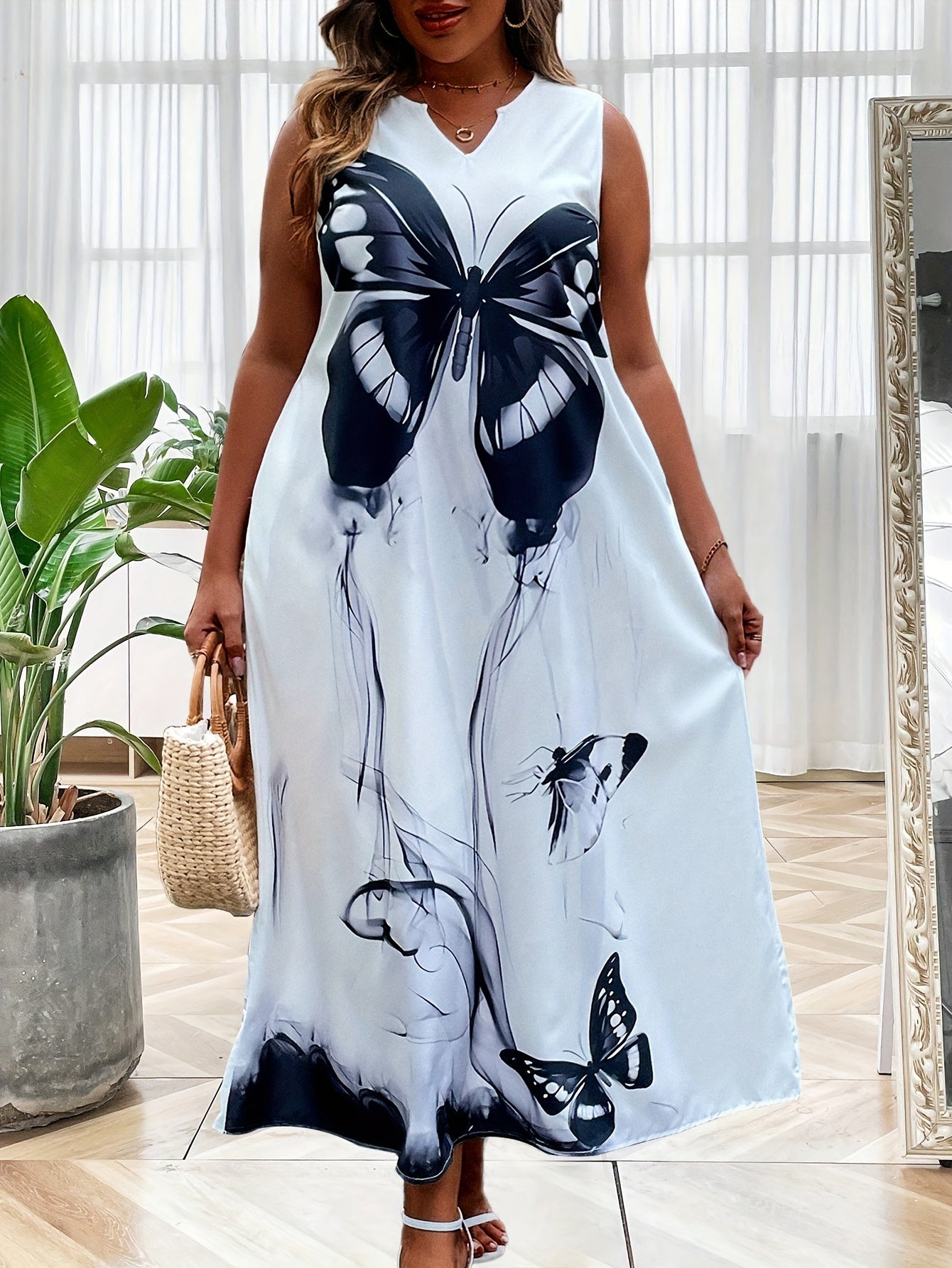  Casual Butterfly Print Notched Neck Stretch Maxi Dress