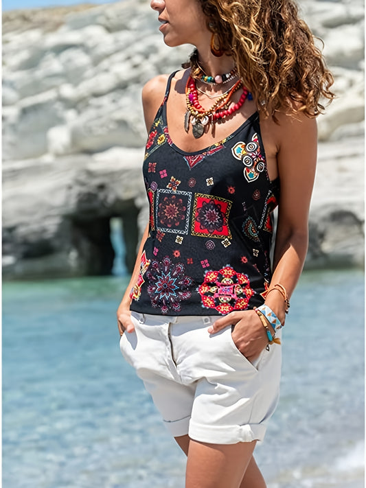 Graphic Print Cami Top Sleeveless Crew Neck Casual Top