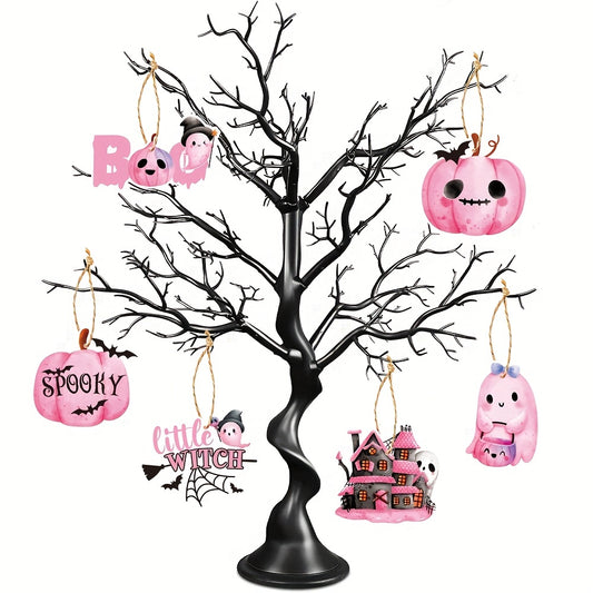 6 Pink Halloween Wooden Tree Ornaments Castle Ghost Pumpkin Wall Decor