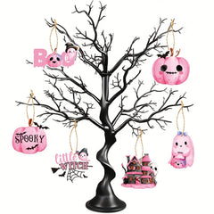 6 Pink Halloween Wooden Tree Ornaments Castle Ghost Pumpkin Wall Decor