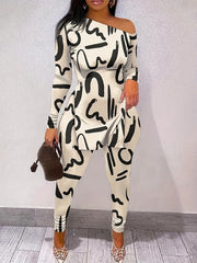Graphic Print 2pc Set Asymmetrical Neck Split Top & Pants