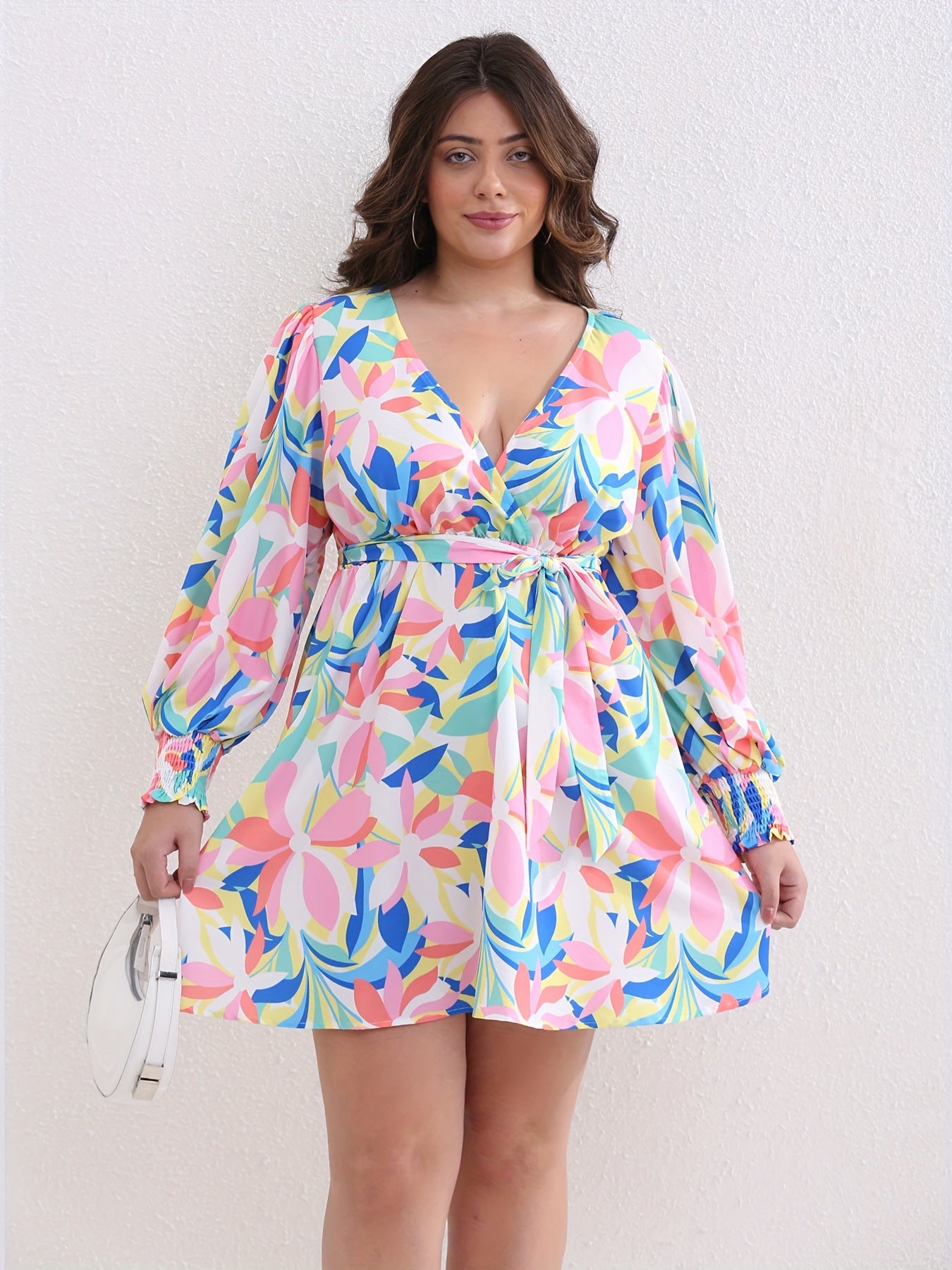  Floral Print Lantern Sleeve Dress With Belt